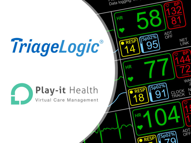 TriageLogic and Play-it Health business logos, coupled with a display of vital signs on an ICU monitor.