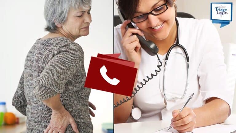 An older adult female braces her hip with her hand while in visible discomfort, as a triage nurse is on the phone with her taking notes.