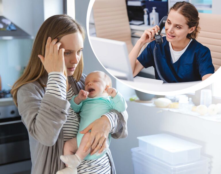 A mother holds her baby while talking with a triage nurse.