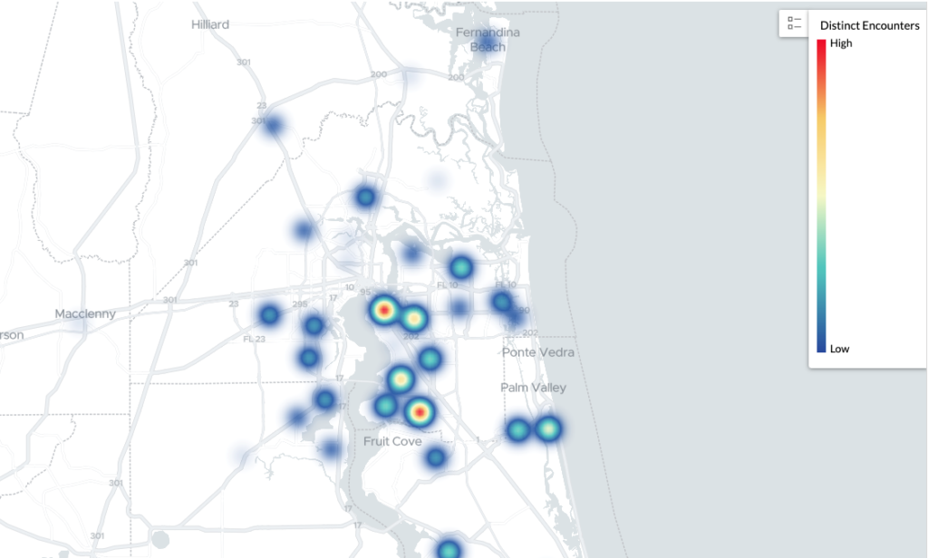 Heat map of COVID case counts reported by nurse triage for a Jacksonville hospital system.