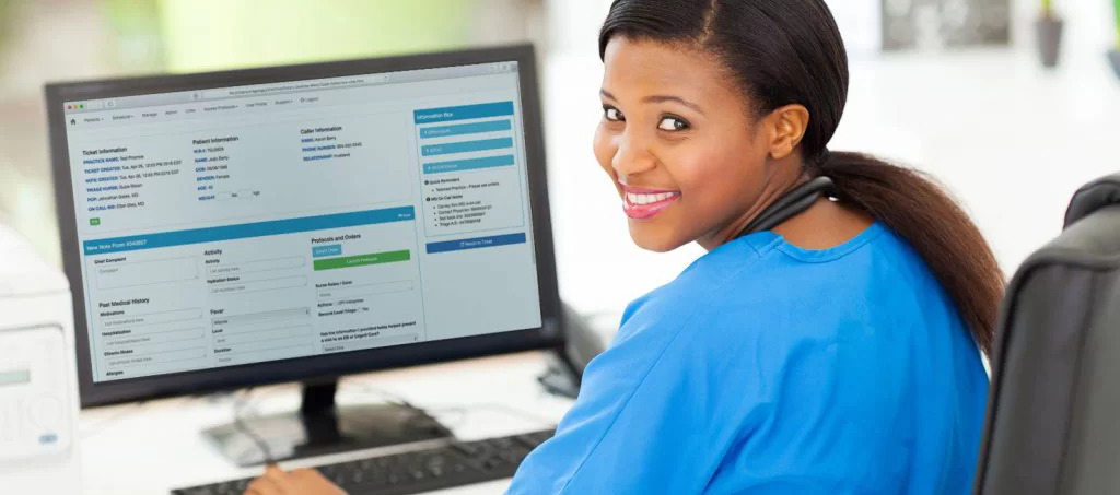 A triage nurse uses myTriageChecklist on her desktop computer to evaluate a patient caller's symptoms.