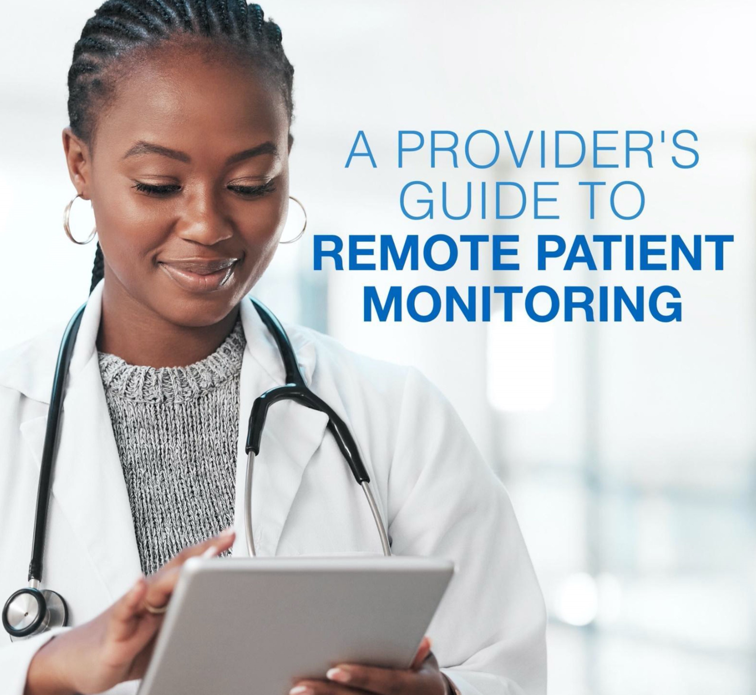 TriageLogic's ebook, A Provider's Guide to Remote Patient Monitoring, includes a female physician checking patient vitals on a tablet.
