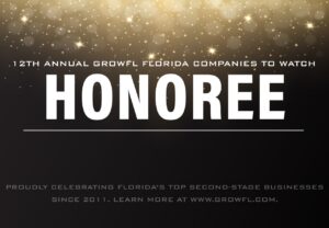 Glittering lights fall behind the tagline, "12th Annual GrowFL Florida Companies to Watch Honoree."
