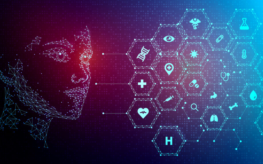 Healthcare AI concept: A digital silhouette of a human face is shown beside an array of healthcare icons, including a DNA helix, magnifying glass, needle, and pill.