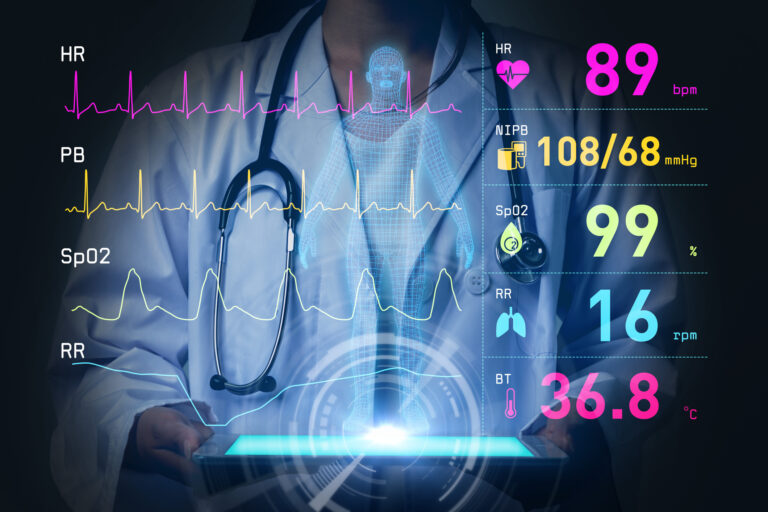 TriageLogic RPM compliance concept: recorded patient vitals like heart rate and oxygen saturation are displayed over an image of a nurse reviewing them on a tablet.