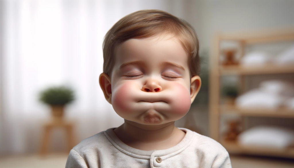 A child standing in their room puffs their cheeks and closes their eyes while experiencing pediatric breath-holding.