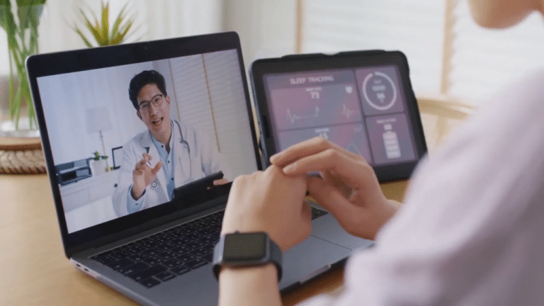 Outsourced nurse telehealth concept: a patient talks with their provider over video conferencing on their laptop, which is set up beside a tablet displaying their vitals. remote patient monitoring. telehealth technology. telehealth solutions. telehealth using ai. nurse use protocols. schmitt-thompson. rpm. streamline remote patient monitoring.