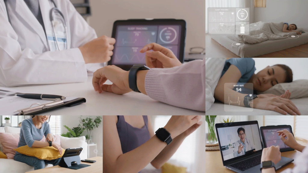 Examples of how to optimize patient care with RPM. Several patients are shown wearing wrist sensors and talking with their doctors.