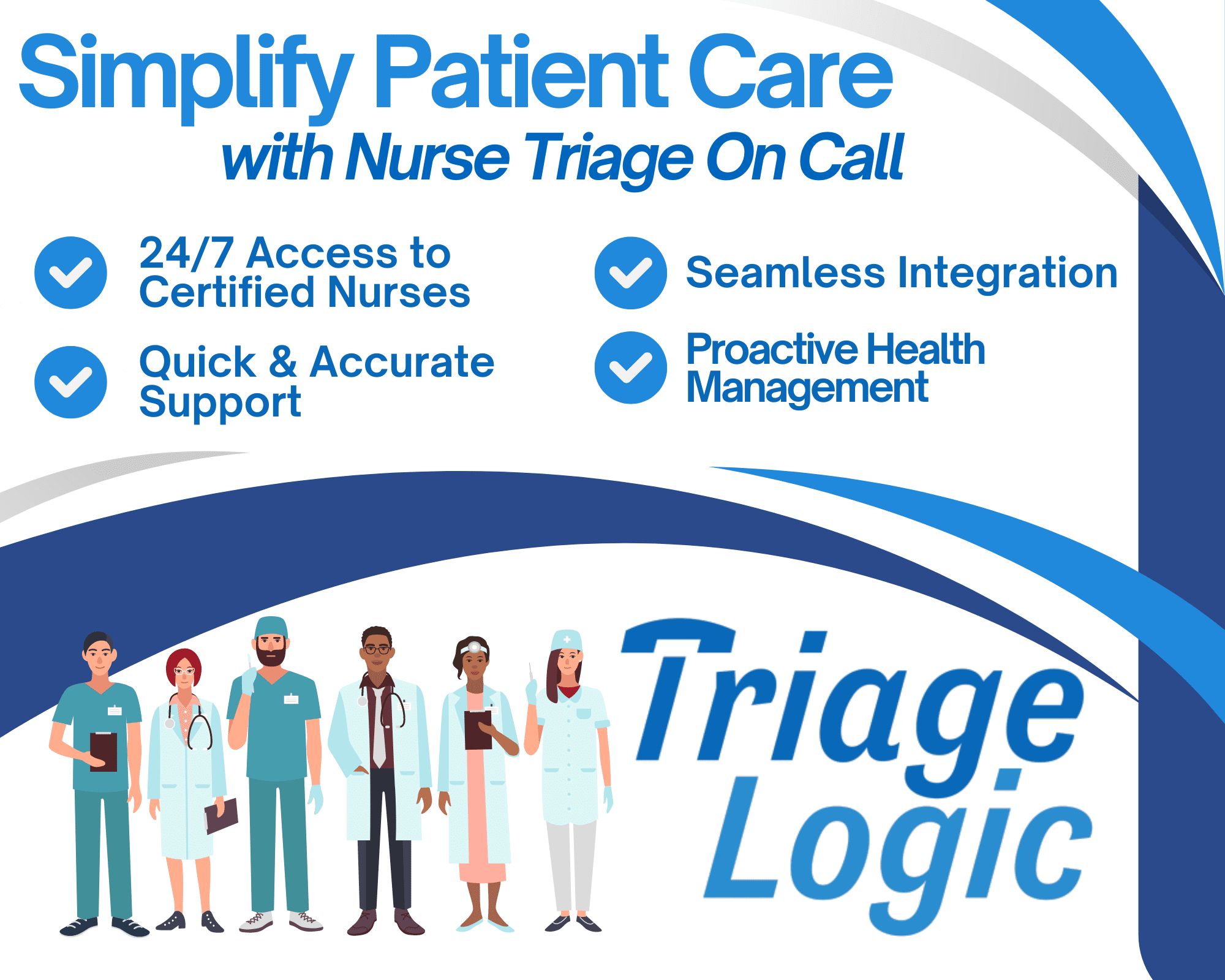 A chart of benefits using TriageLogic's Nurse Triage On Call includes illustrations of healthcare workers.