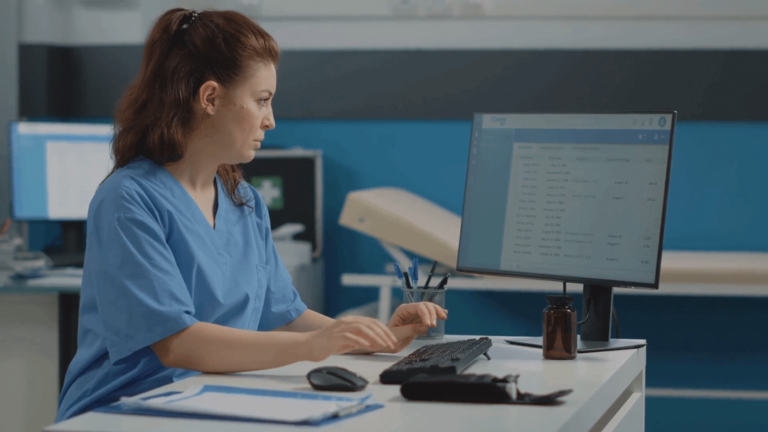 A nurse uses triage software on her desktop computer.