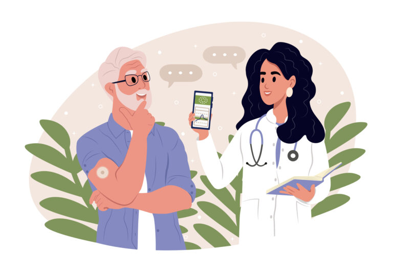 An illustrated doctor speaks with a patient about RPM and reviewing health vitals on a smartphone.