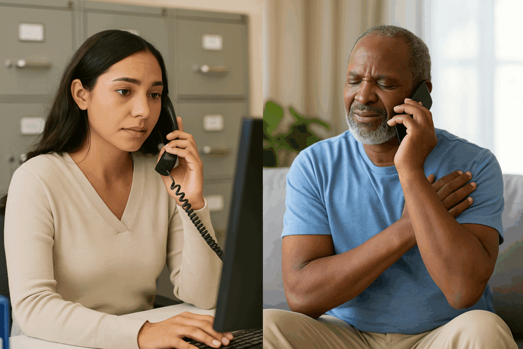 A nonclinical operator uses MedMessage Assist to confirm all relevant symptoms that a patient caller is experiencing related to shoulder pain.