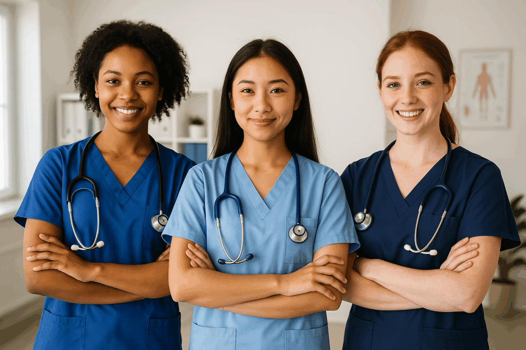 Three triage nurses stand together in an office.