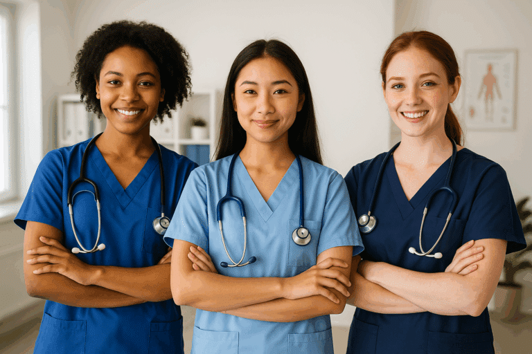 Three triage nurses stand together in an office.