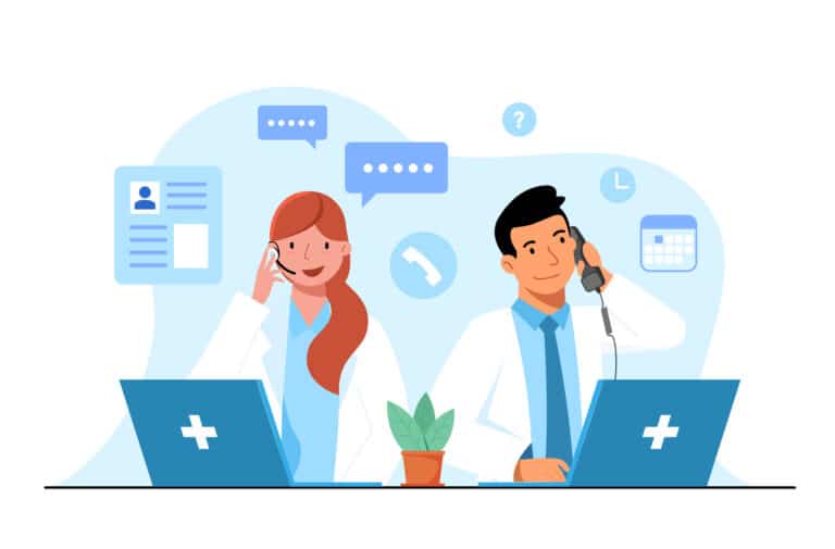 Illustrated concept of a medical answering service with nonclinical operators answering patient calls from laptop workstations.