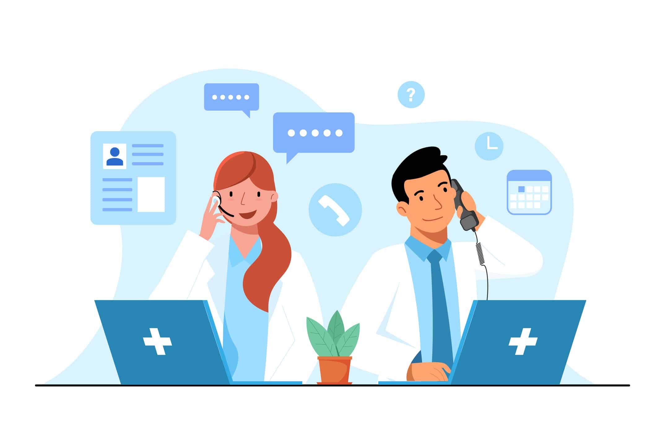 Illustrated concept of a medical answering service with nonclinical operators answering patient calls from laptop workstations.