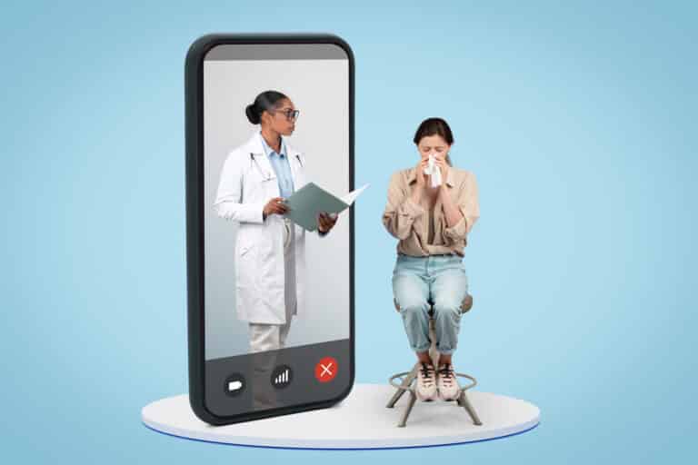 A telehealth nurse provides patient care over a smartphone by evaluating a patient caller's symptoms.