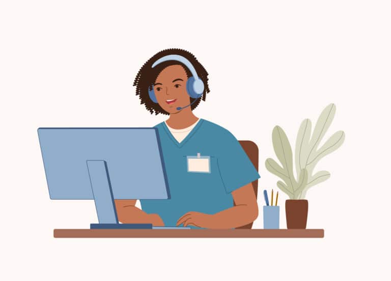 An illustrated triage nurse wearing a headset at a computer workstation goes through triage software onboarding.