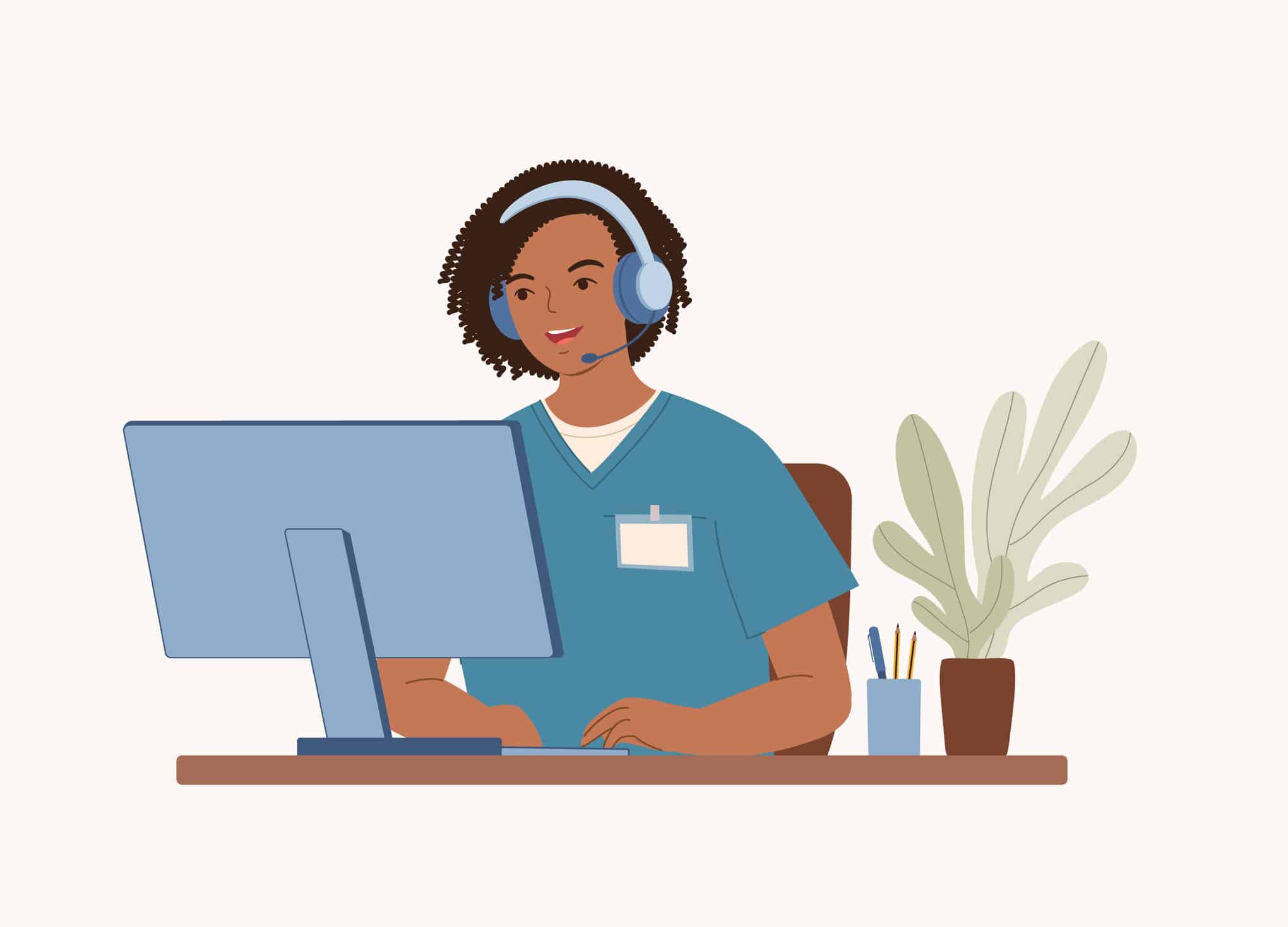 An illustrated triage nurse wearing a headset at a computer workstation goes through triage software onboarding.