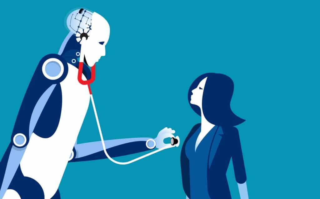 An illustrated robot with a stethoscope checks on a female patient, representing AI in nurse triage.