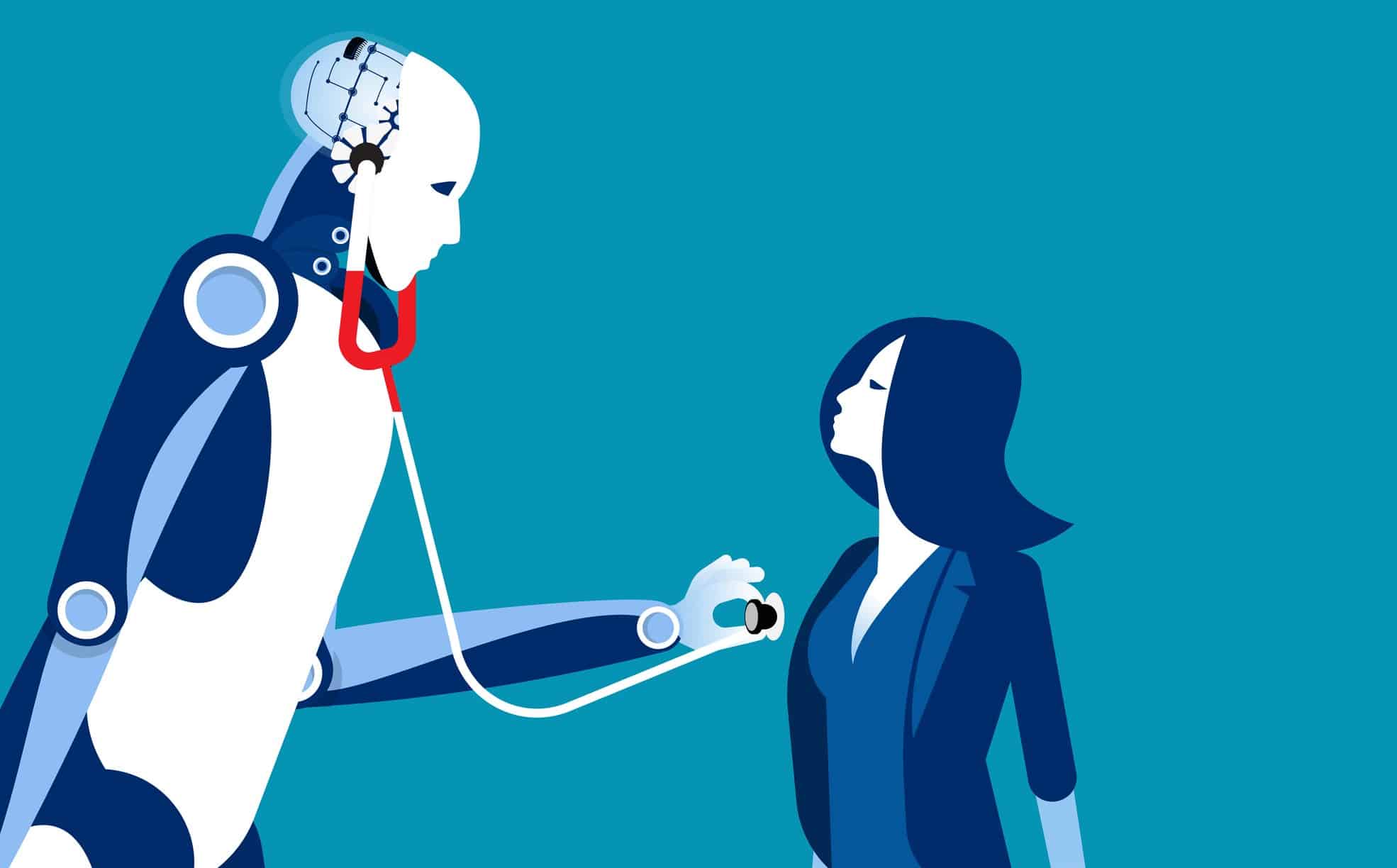 An illustrated robot with a stethoscope checks on a female patient, representing AI in nurse triage.