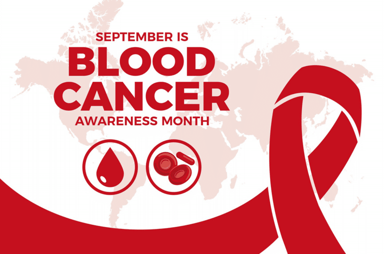 Blood Cancer Awareness Month is represented by a red ribbon, as well as blood droplet and blood cell icons in front of a map of the world.