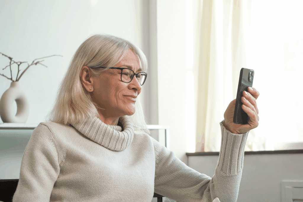An elderly woman at home uses MedMessage Automate on her smartphone to submit a patient intake request to her provider.