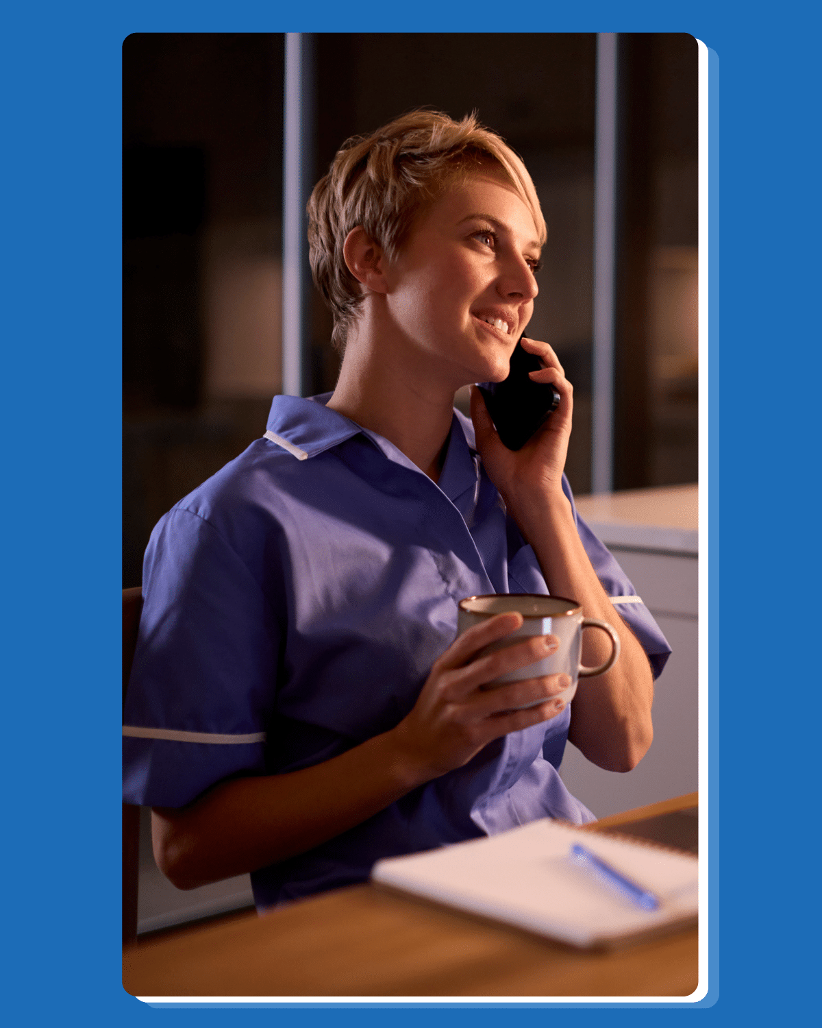 A remote triage nurse calls a patient to discuss their symptoms at night.