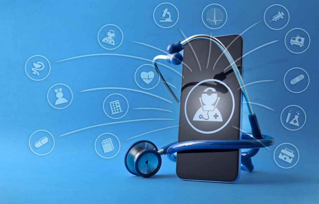 After-hours clinical coverage is represented by a stethoscope wrapped around a smartphone. A doctor icon is displayed on the phone's screen, with lines connecting from it to other medical icons.