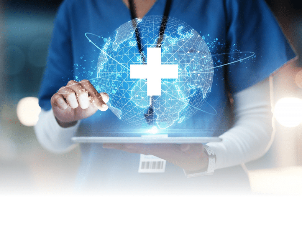 A healthcare professional in blue scrubs interacts with a digital tablet, generating a glowing holographic globe with a medical cross.