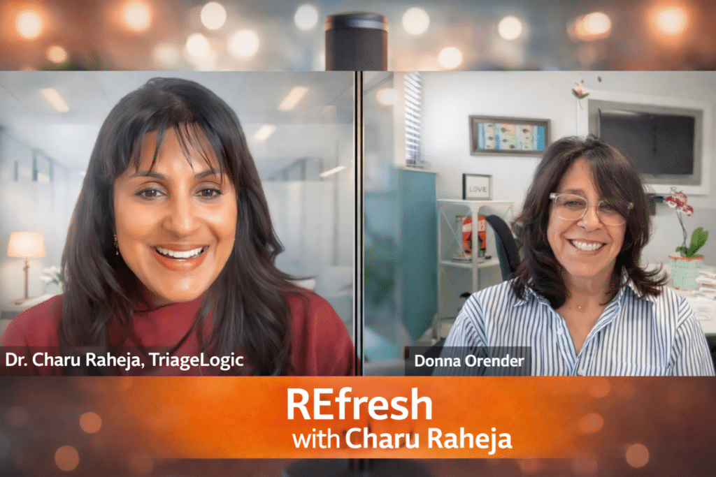 Split-screen headshots of Charu Raheja and Donna Orender during a recording for the REfresh podcast, framed by a blurred microphone and warm studio lights.