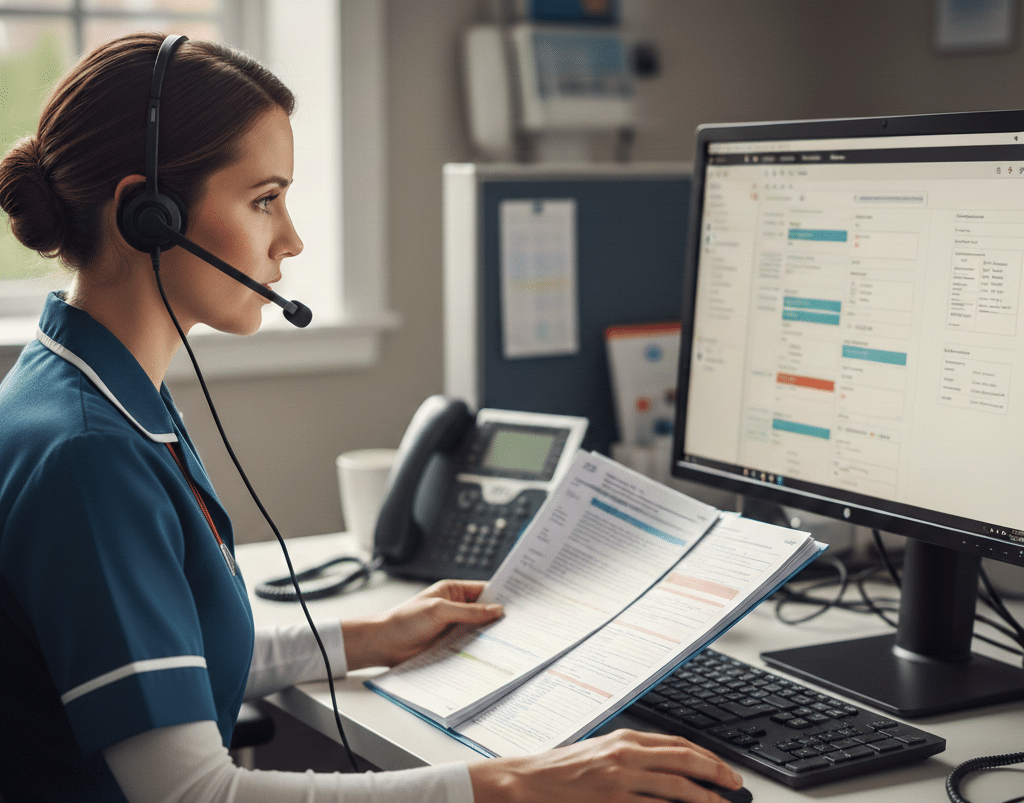 A nurse uses triage software with a headset on to assess patient symptoms and document care in a medical office.