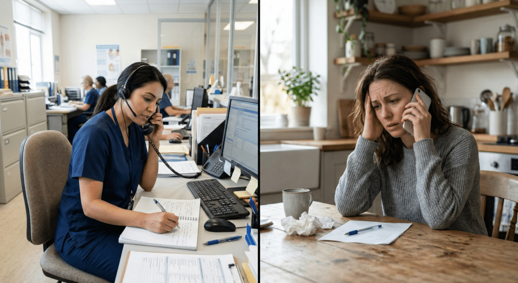 A side-by-side image of a nurse recording symptoms during a patient call and a distressed patient calling for help, highlighting the risks of incomplete manual messages.