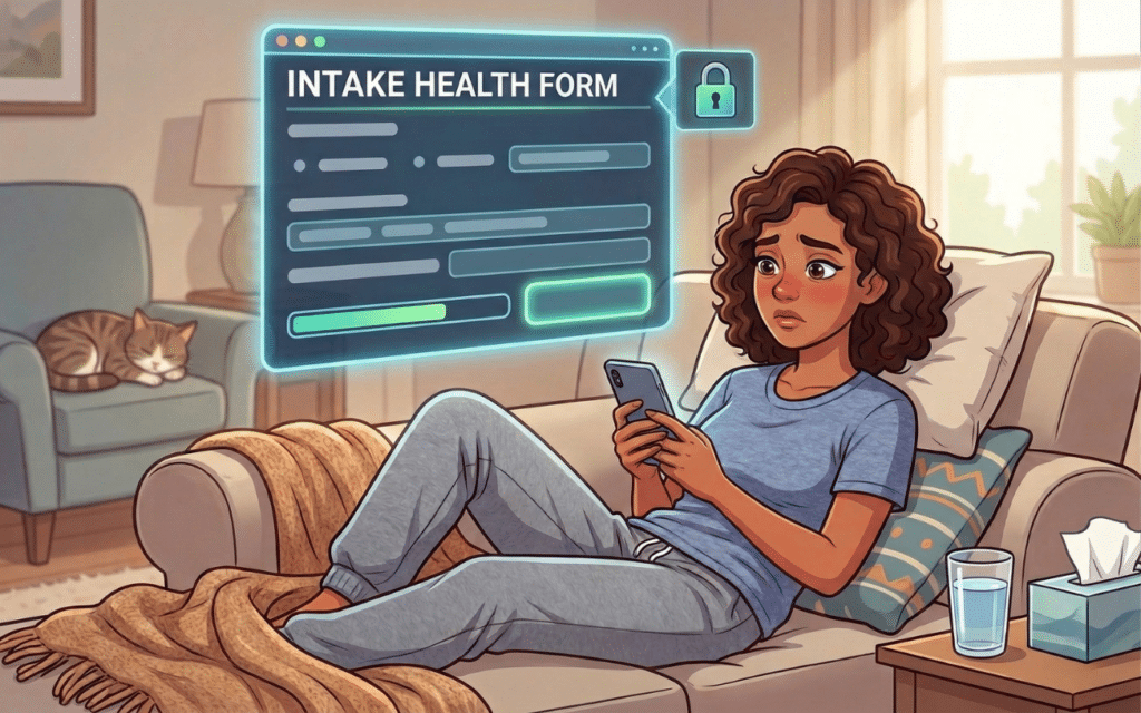 An illustration of a patient completing a digital health intake form on a smartphone while resting on her couch at home.