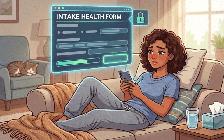 An illustration of a patient completing a digital health intake form on a smartphone while resting on her couch at home.