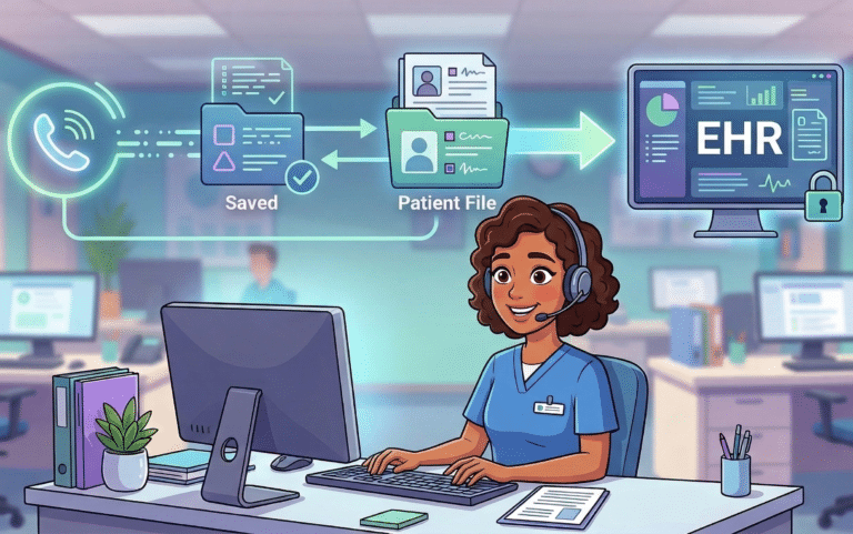 Illustration of nurse triage call documentation being saved and integrated into an electronic health record (EHR).