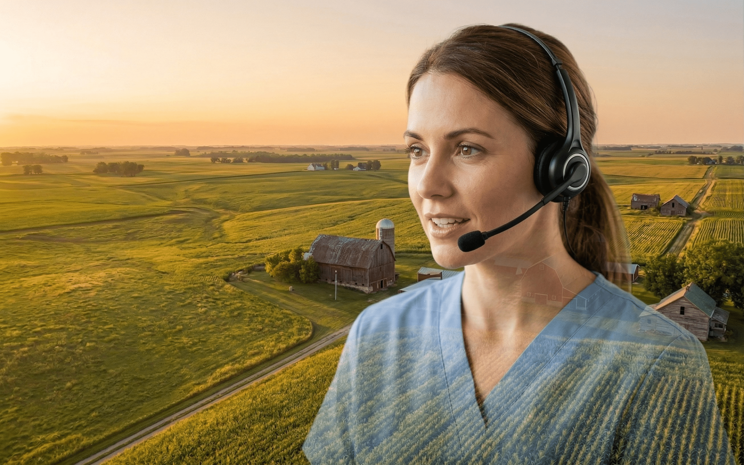 A nurse wearing scrubs and a headset is semitransparent over a farm landscape, illustrating telehealth nurse triage in rural health care.