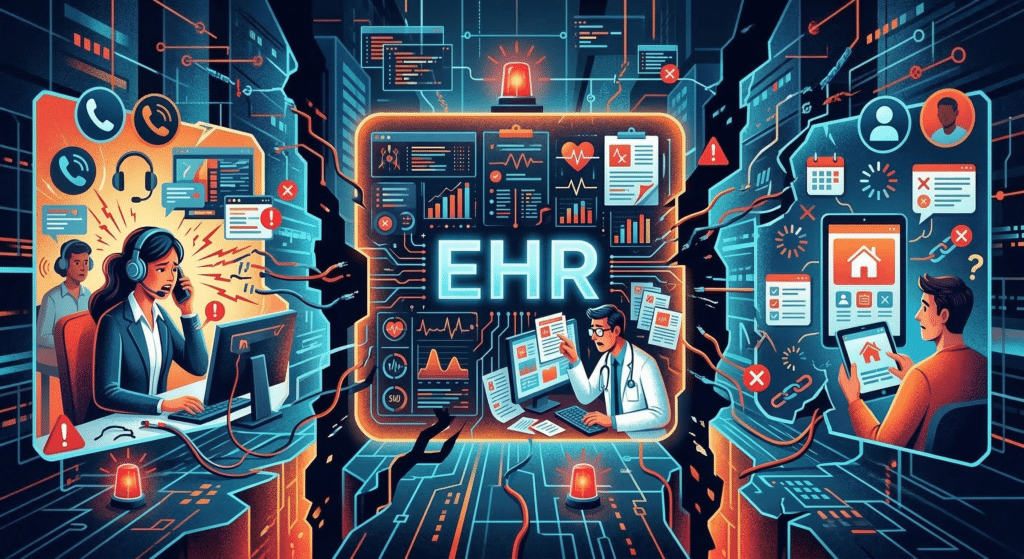 An illustration of a nurse handling a patient call while fragmented systems and EHR dashboards fail to communicate across healthcare platforms.