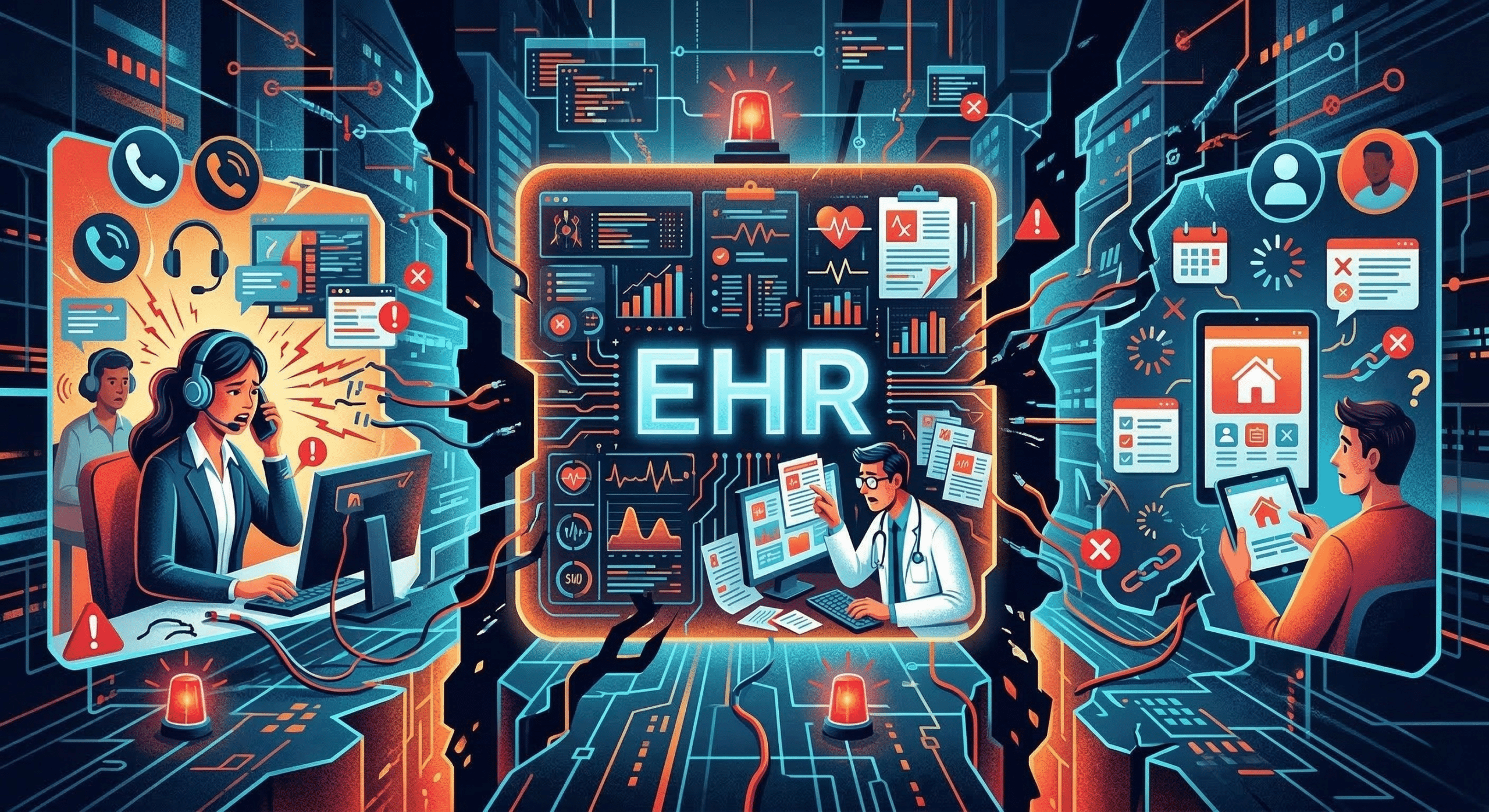 An illustration of a nurse handling a patient call while fragmented systems and EHR dashboards fail to communicate across healthcare platforms.