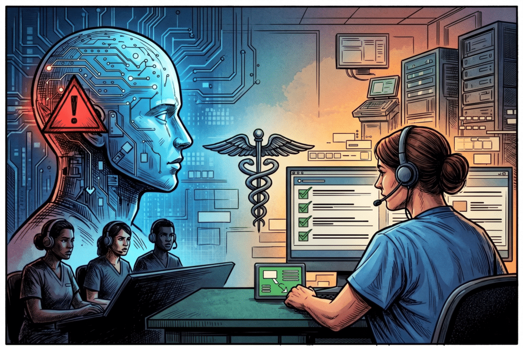 A comparison of AI triage and structured nurse-led triage. A digital AI head hovers behind call center nurses who are using triage software for clinical decision support.
