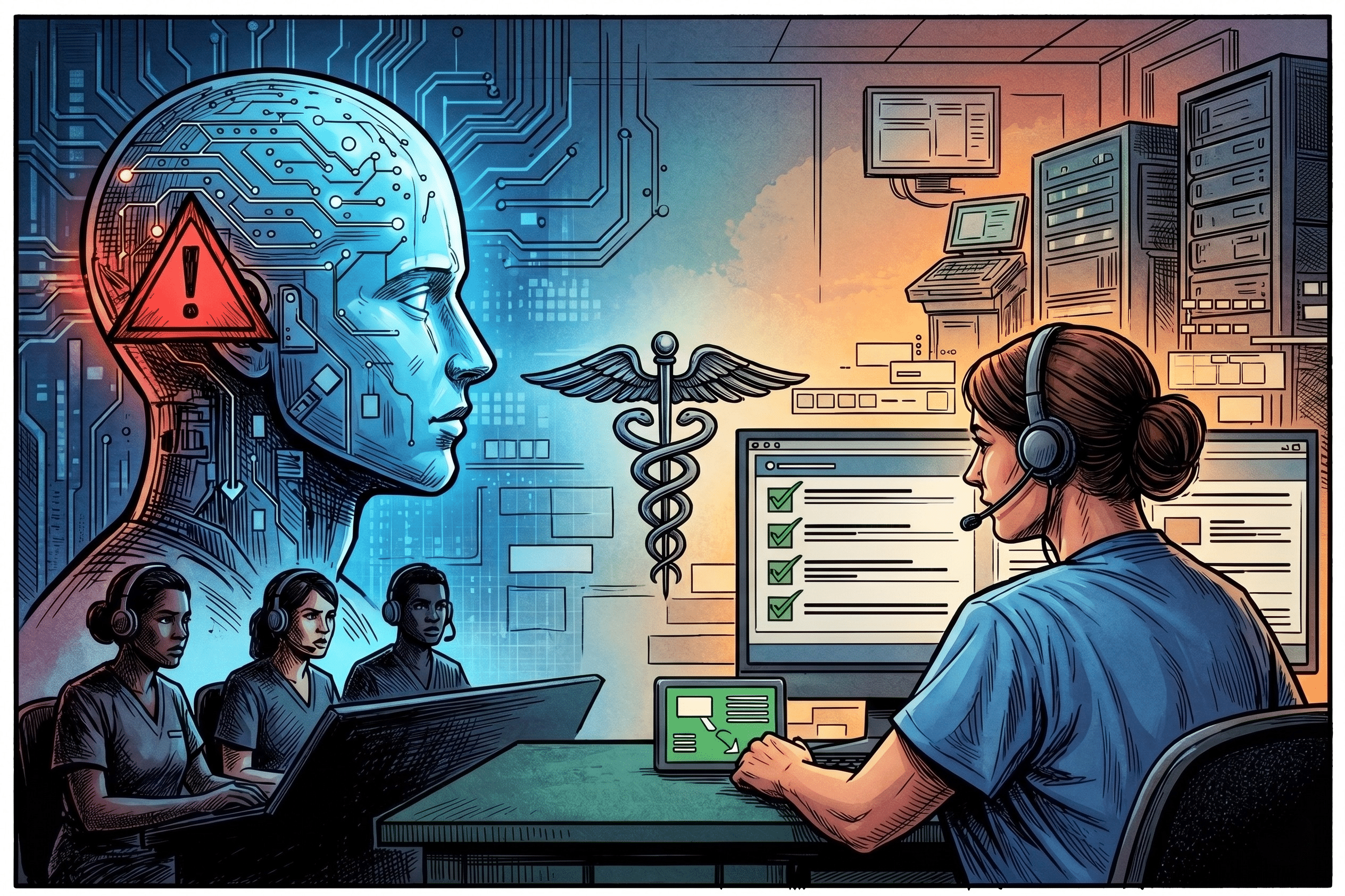 A comparison of AI triage and structured nurse-led triage. A digital AI head hovers behind call center nurses who are using triage software for clinical decision support.