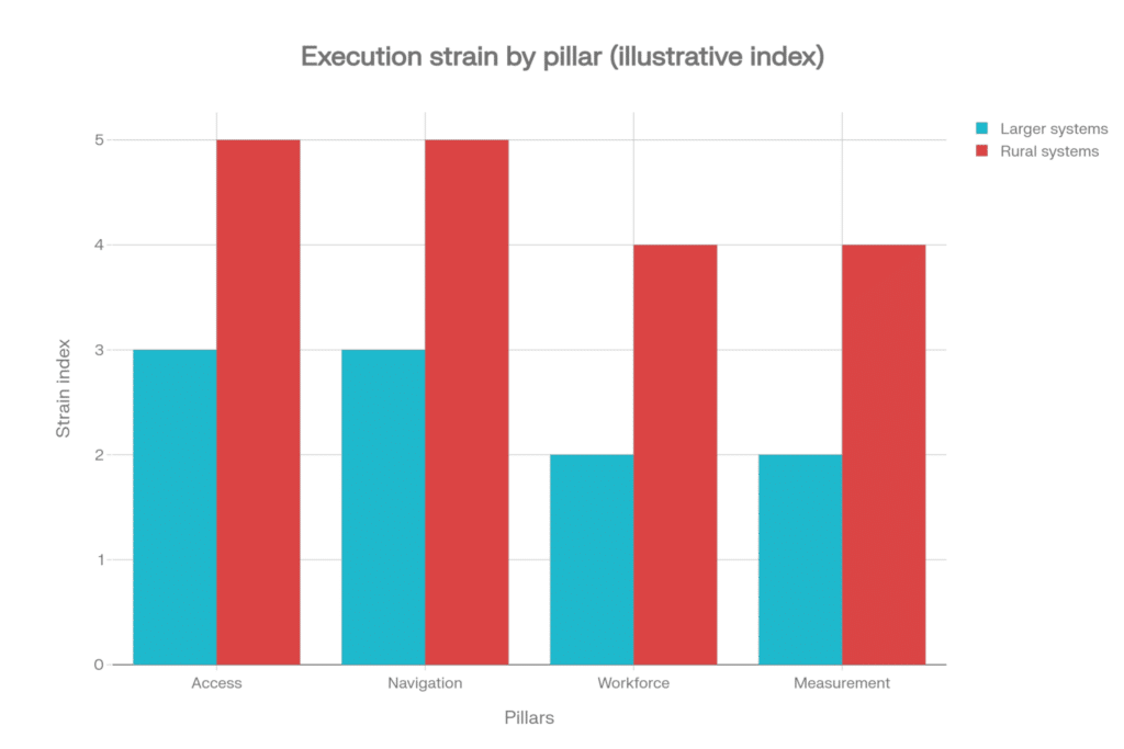 A graph compares execution strain between large networks and rural healthcare providers based on access, navigation, workforce, and measurement.