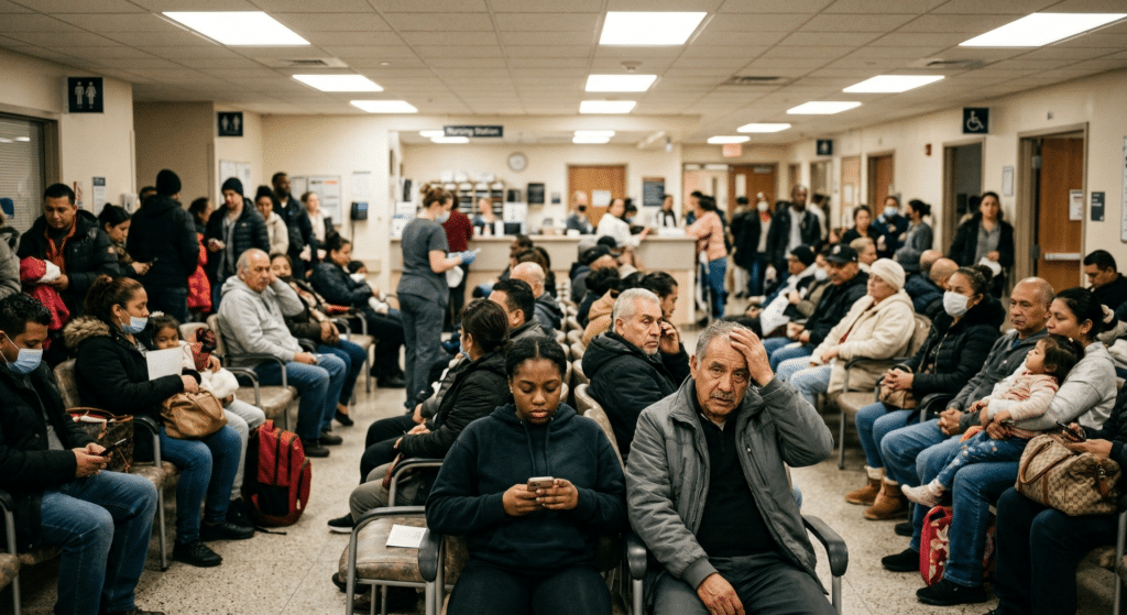 A packed emergency department waiting room, with patients seated and standing, illustrates high patient demand and hospital overcrowding.