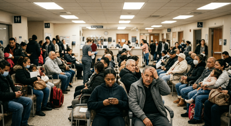 A packed emergency department waiting room, with patients seated and standing, illustrates high patient demand and hospital overcrowding.