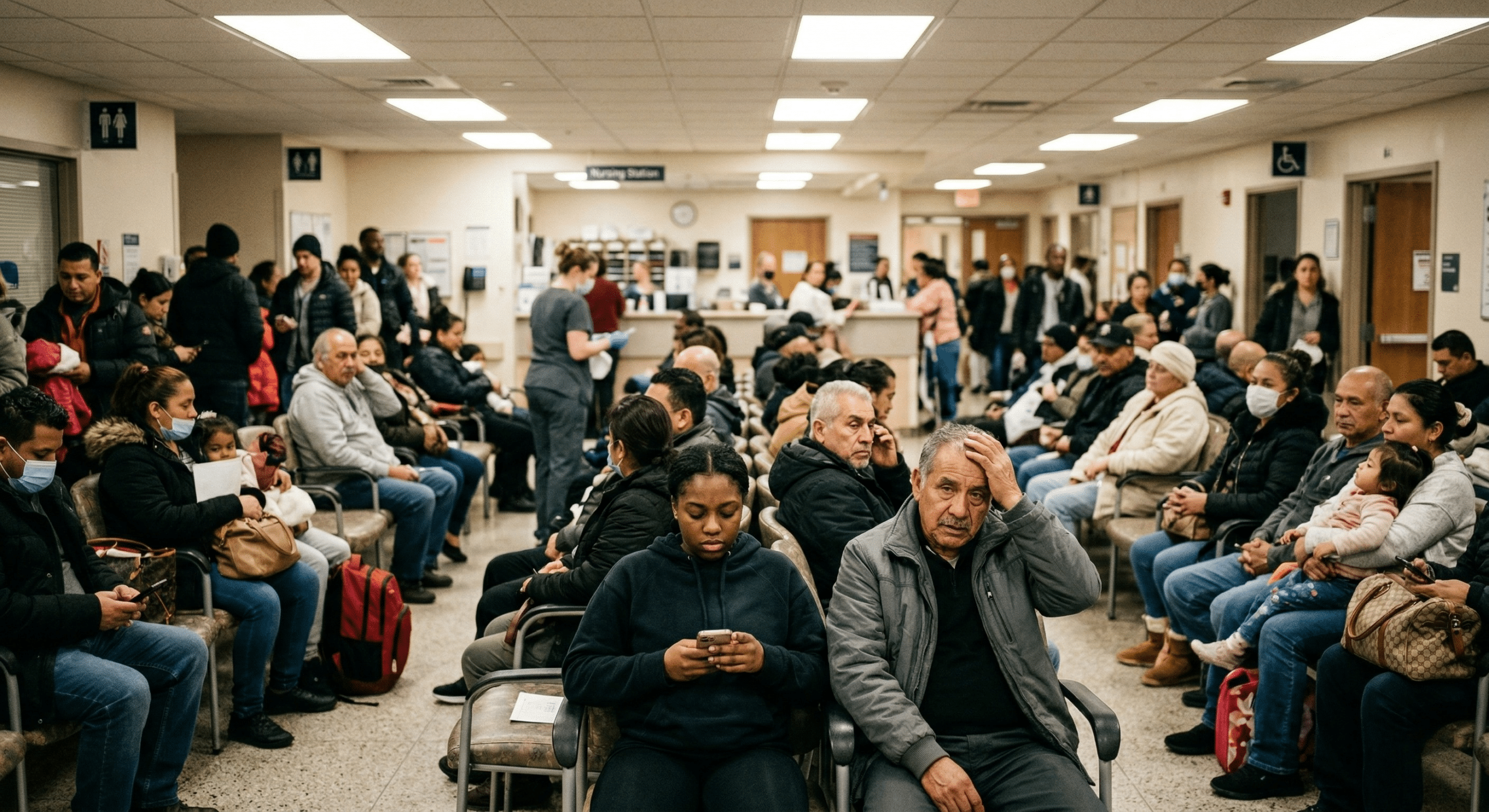 A packed emergency department waiting room, with patients seated and standing, illustrates high patient demand and hospital overcrowding.