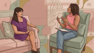 An illustrated portrait shows TriageLogic CEO Charu Raheja being interviewed by podcast host Joy Purdy for the Discover the Joy podcast.