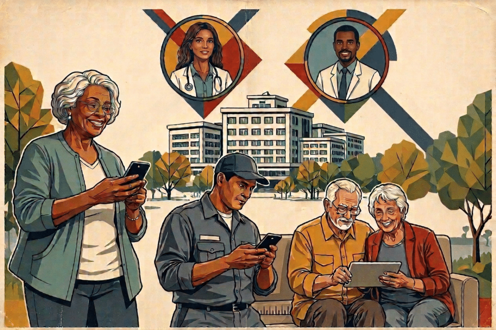 A diverse group of patients uses smartphones and tablets to communicate with a hospital, highlighting digital patient message intake in health care and access to care across different populations.