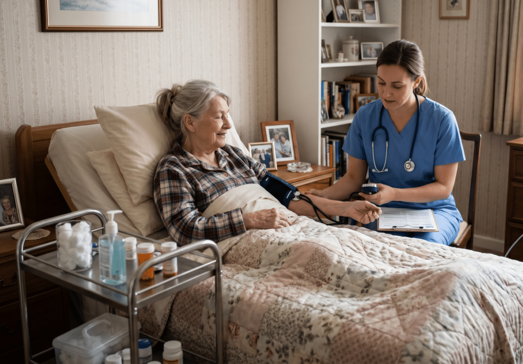 Nurse providing at-home care by checking a patient’s blood pressure, representing nurse triage for hospital-at-home programs.