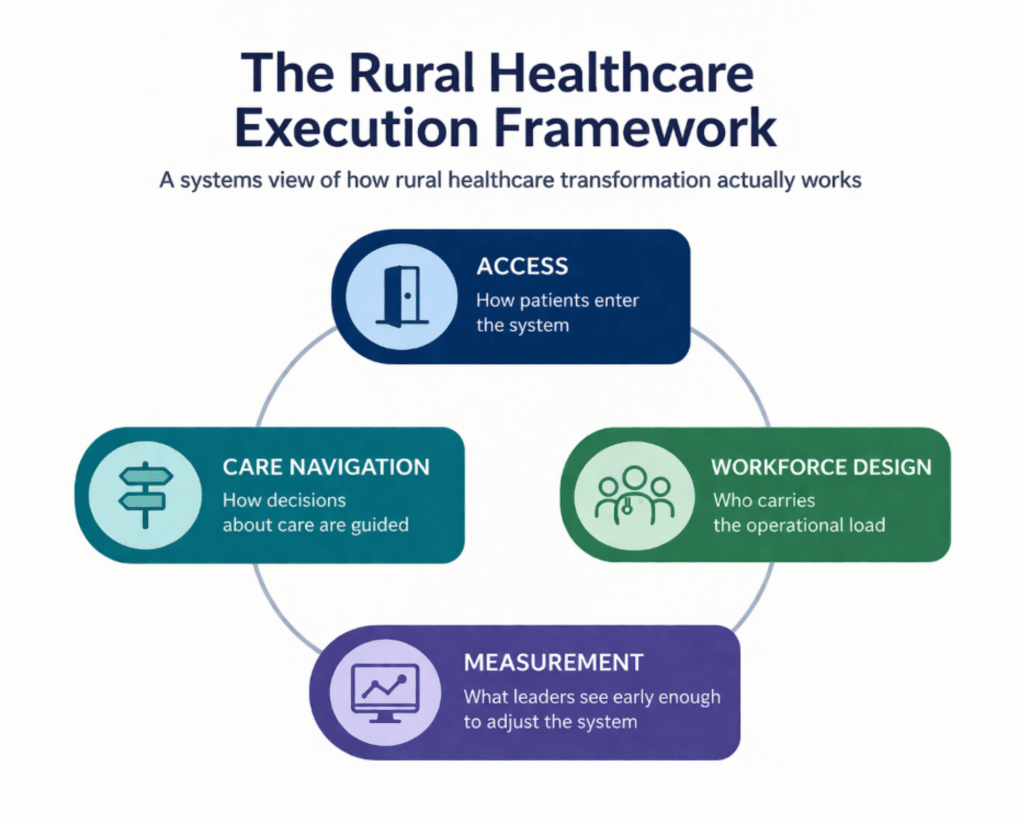 A graph of the Rural Healthcare Execution Framework, which includes access, workforce design, measurement, and care navigation.