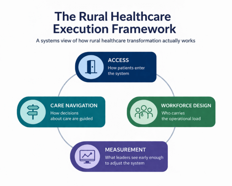 A graph of the Rural Healthcare Execution Framework, which includes access, workforce design, measurement, and care navigation.